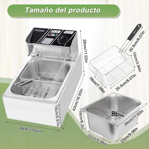 Freidora Aceite Eléctrica Plateado 110V 1700 W Automática Industrial Acero Inoxidable Gran Capacidad 8 Lt Foowei