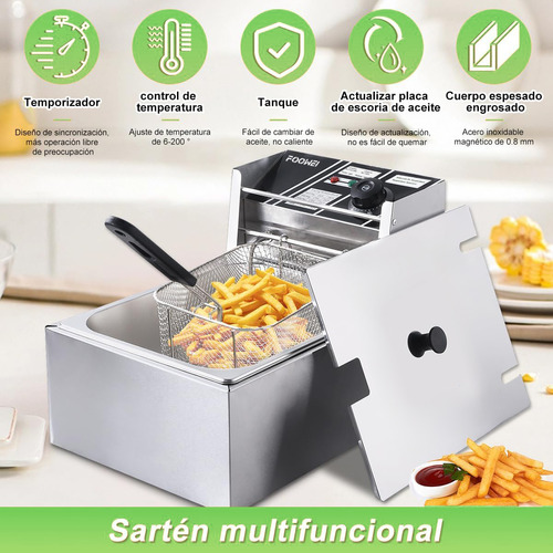 Freidora Aceite Eléctrica Plateado 110V 1700 W Automática Industrial Acero Inoxidable Gran Capacidad 8 Lt Foowei