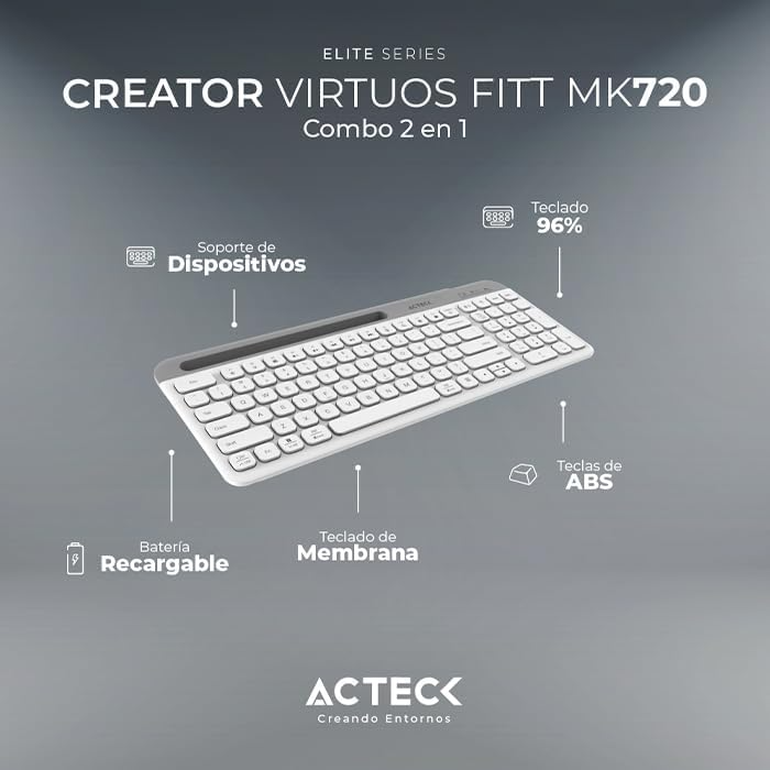 KIT 2 EN 1 ACTECK WIFI CREATOR VIRTUOS SILK MK720 TEC Y MOU BLANCO BLUETOOTH MULTIDISPOSITIVO AC-936262