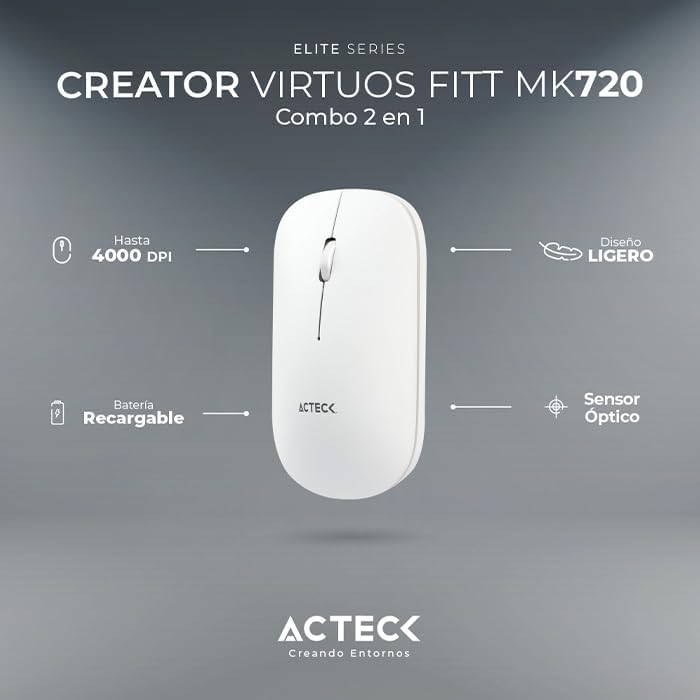 KIT 2 EN 1 ACTECK WIFI CREATOR VIRTUOS SILK MK720 TEC Y MOU BLANCO BLUETOOTH MULTIDISPOSITIVO AC-936262
