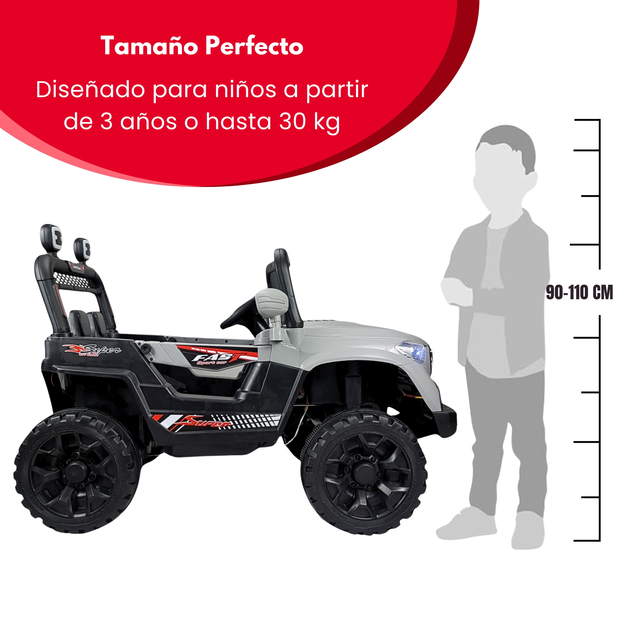 Montable Electrico Camioneta para Niños Control Remoto Luz Led 12v - Gris