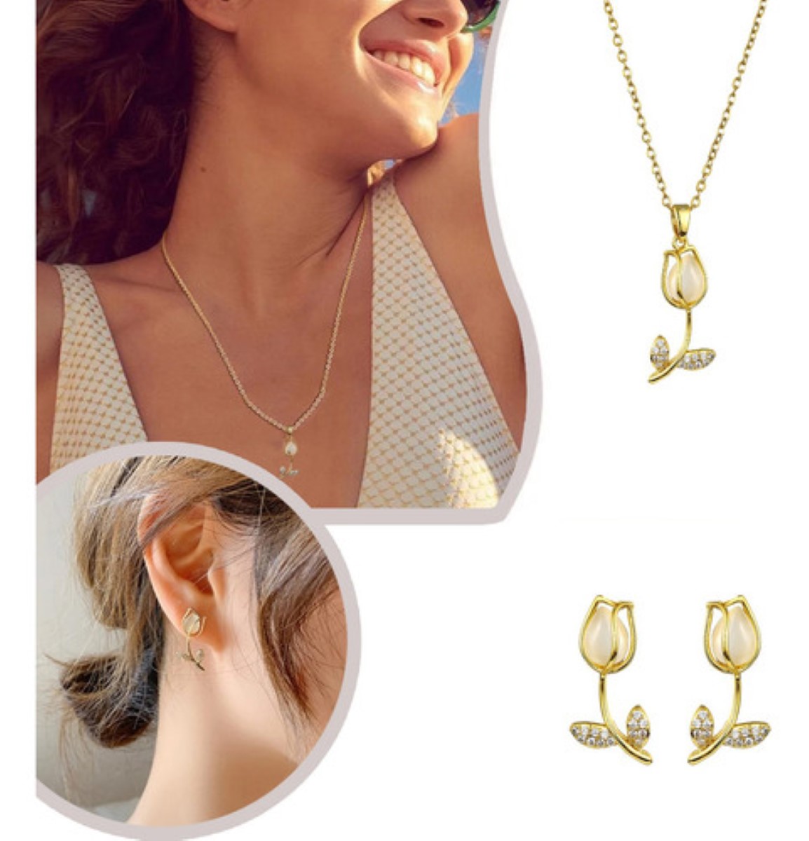 Set De Collar Y Aretes Diseño Tulipanes Para Mujer Color Oro