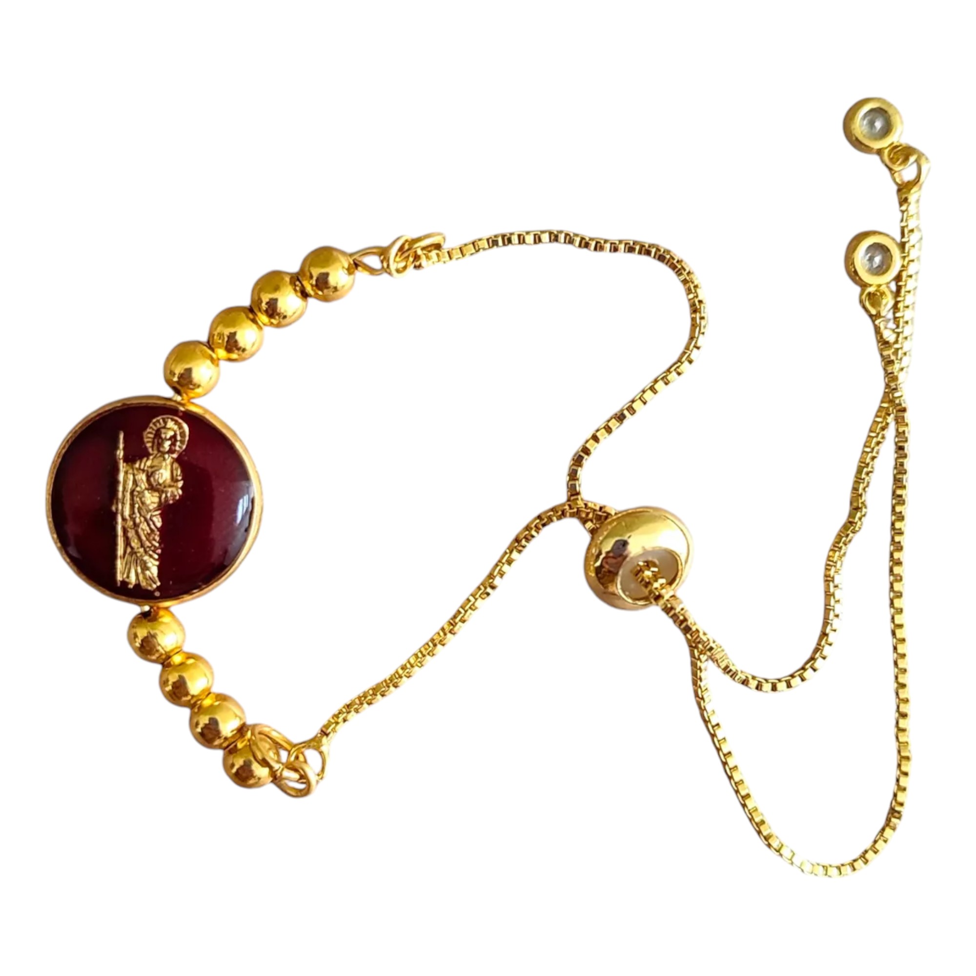 Pulsera ajustable San Judas Tadeo/Virgen de Guadalupe, chapa de oro 18k