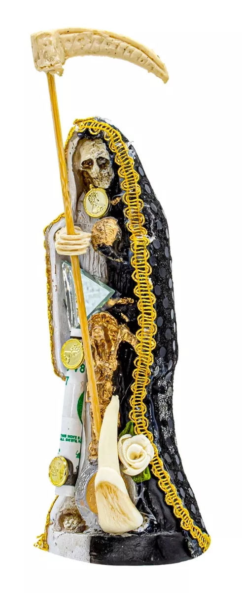 Santa Muerte Vestida Blanca Con Negro 15 Cm Curada + Libro