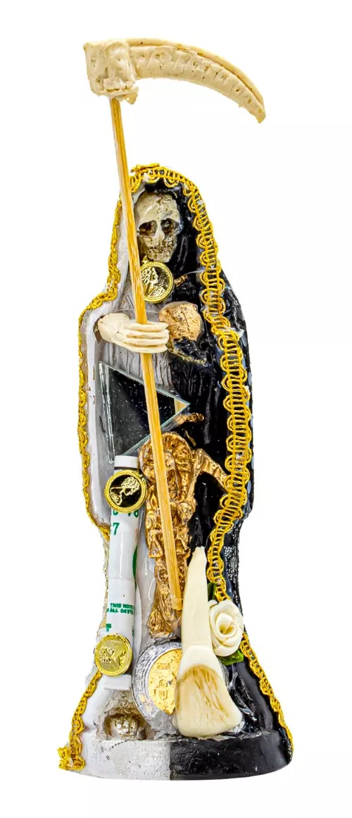 Santa Muerte Vestida Blanca Con Negro 15 Cm Curada + Libro