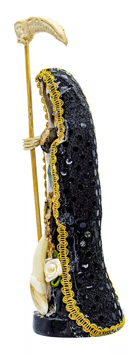 Santa Muerte Vestida Blanca Con Negro 15 Cm Curada + Libro
