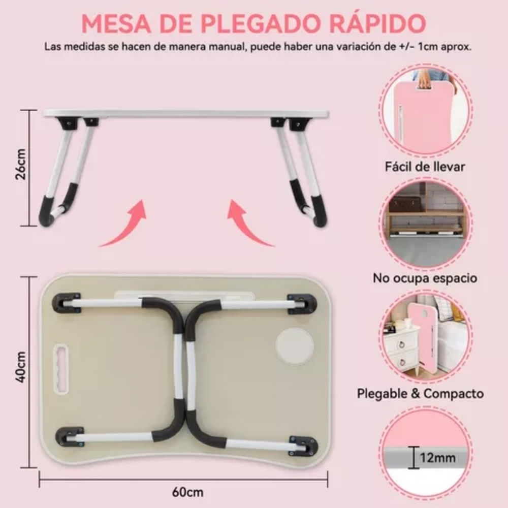 Mesa Plegable De Servicio Para Laptop O Desayuno Con Portavaso (Rosa)