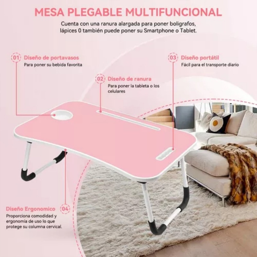 Mesa Plegable De Servicio Para Laptop O Desayuno Con Portavaso (Rosa)