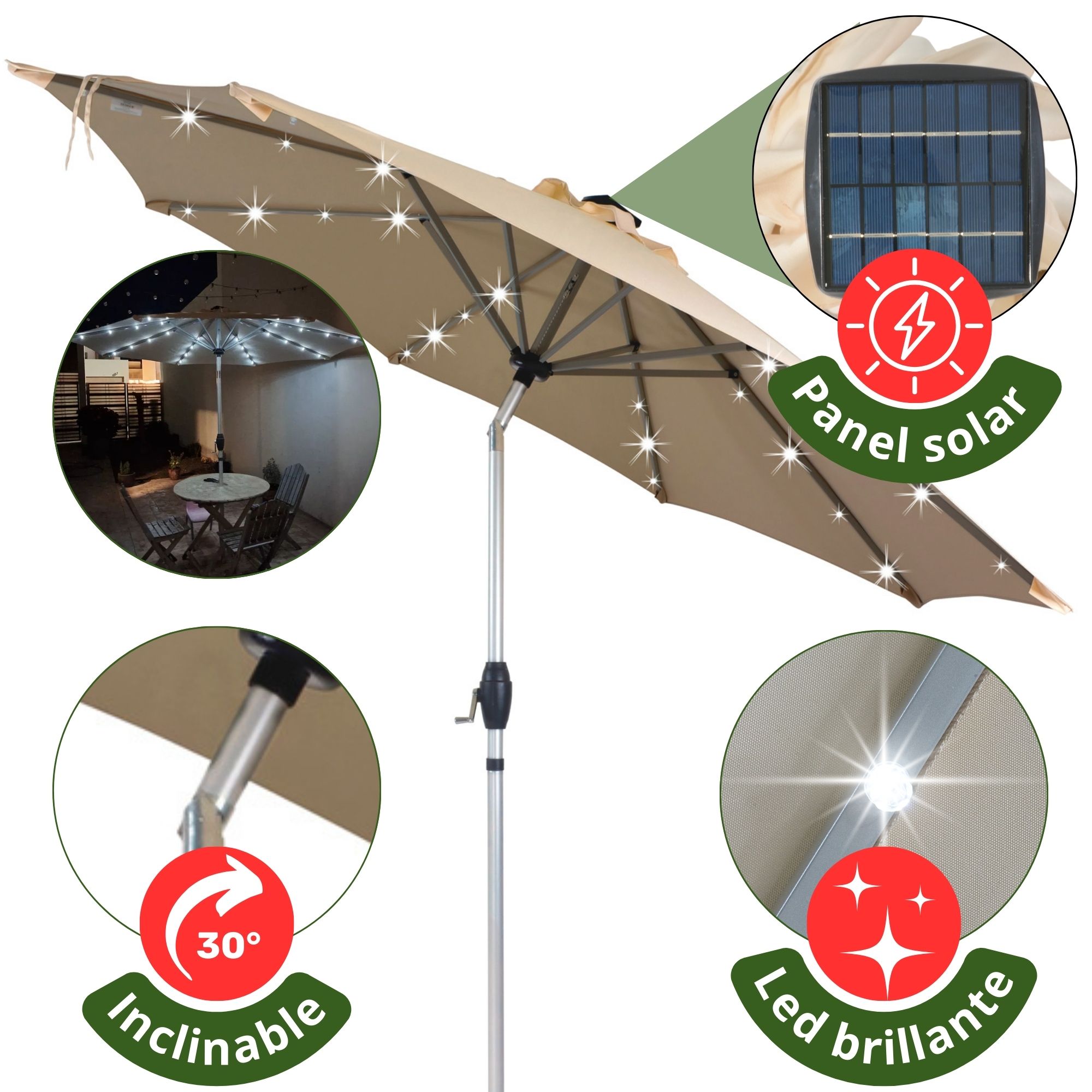 Sombrilla Jardin Con Luces Jardin Led Panel Solar Patio Hotel 2.7 M