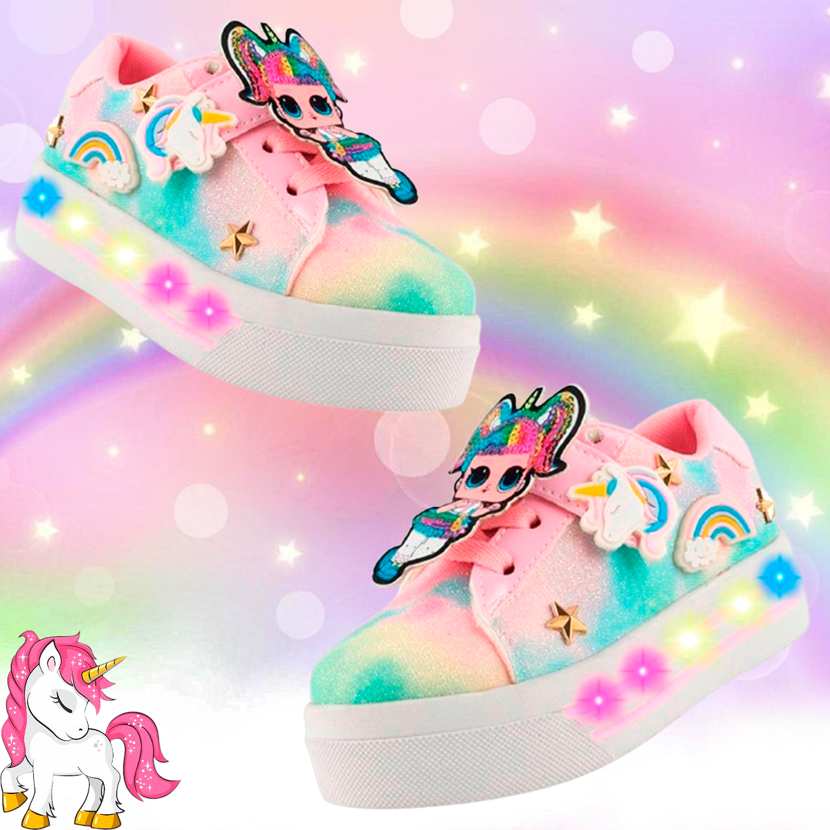 Tenis Niña Muñeca Lol Unicornio Arcoiris Luces Leds 410-RE