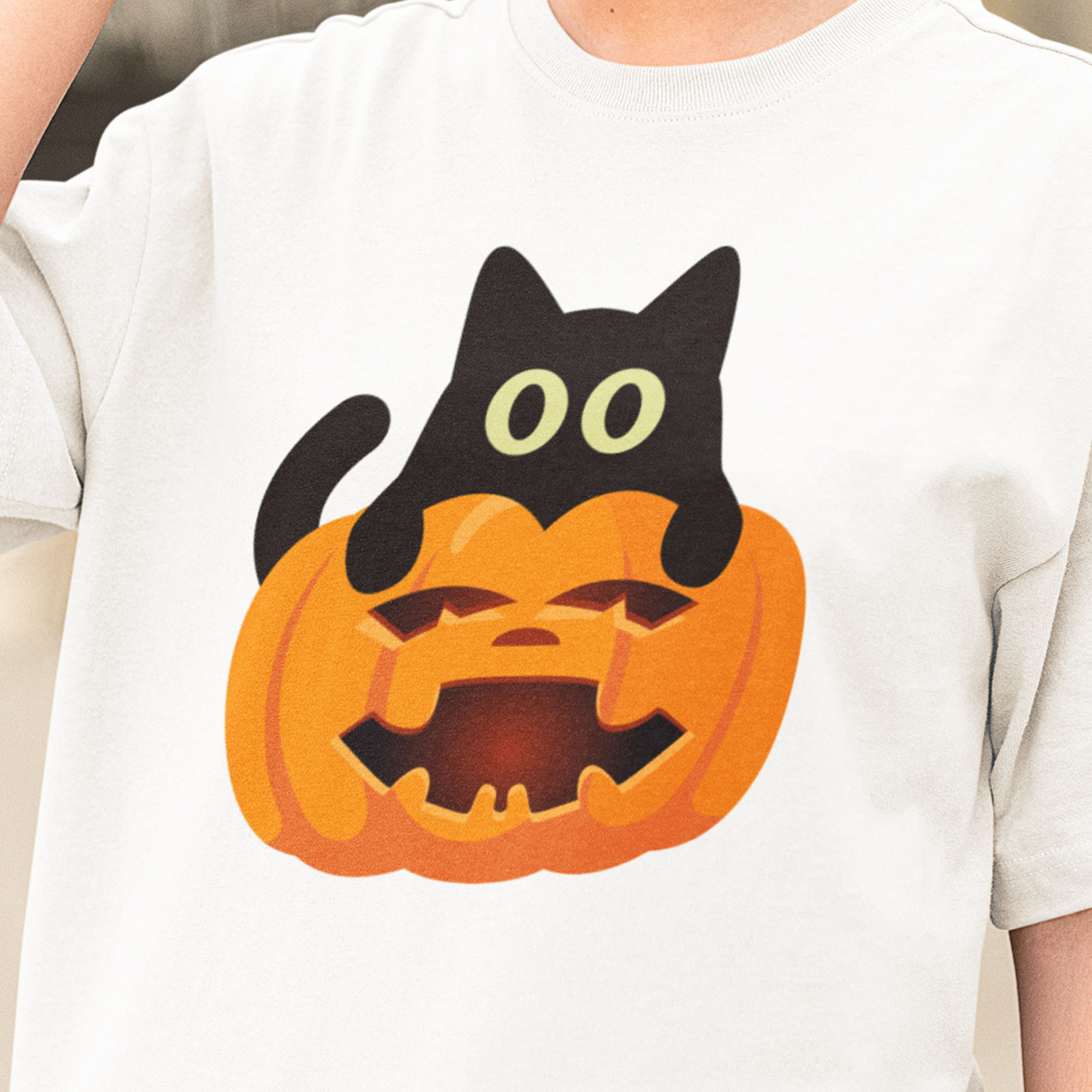 Playera Oversize de Manga Corta Unisex con Diseño de Gato Caalabaza Blanca Cómoda y de Alta Calidad