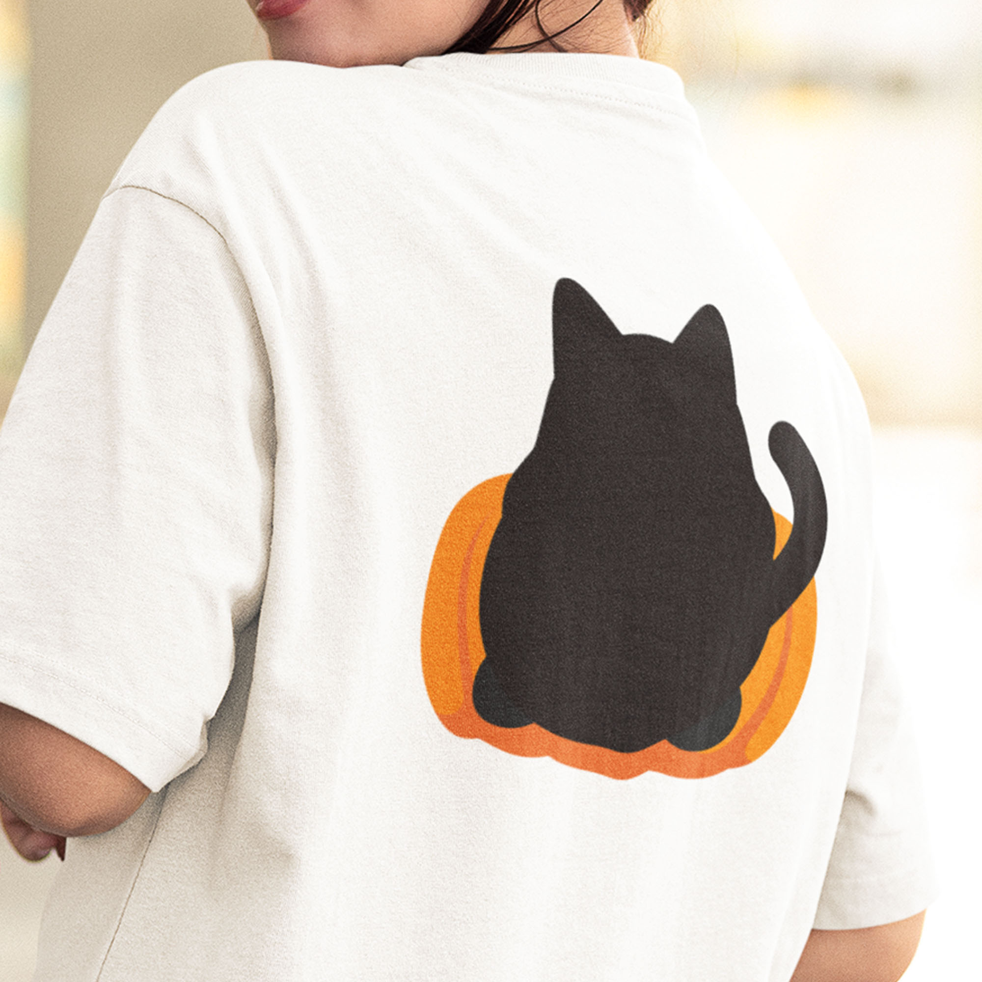 Playera Oversize de Manga Corta Unisex con Diseño de Gato Caalabaza Blanca Cómoda y de Alta Calidad
