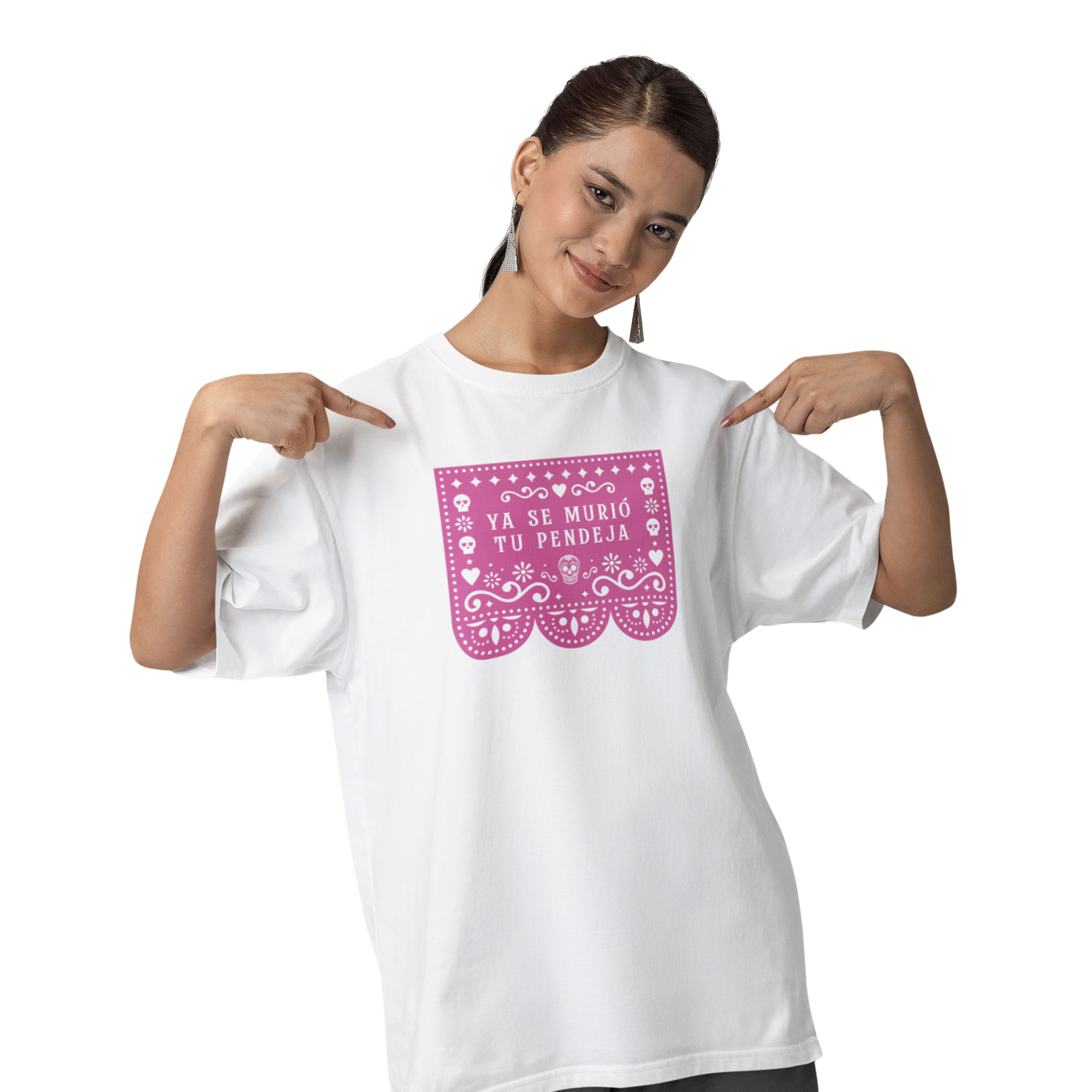 Playera Oversize de Manga Corta Unisex con Diseño de Papel Picado Blanca Cómoda y de Alta Calidad