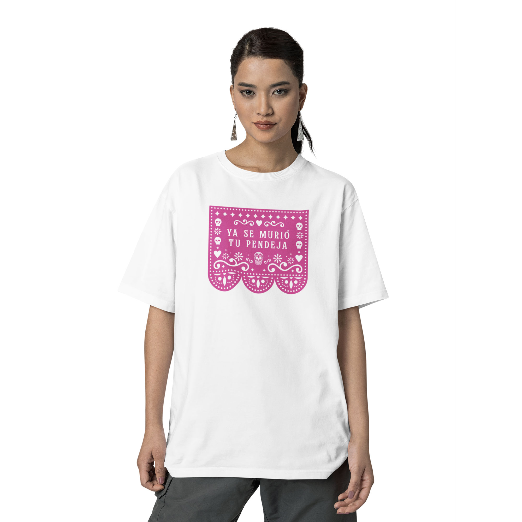 Playera Oversize de Manga Corta Unisex con Diseño de Papel Picado Blanca Cómoda y de Alta Calidad