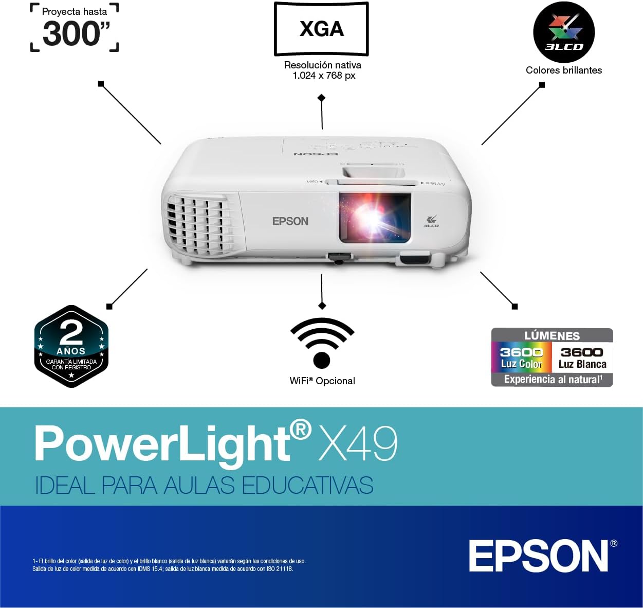 Proyector Epson PowerLite X49 3LCD, XGA 1024 x 768, 3600 Lúmenes, con Bocinas, Blanco
