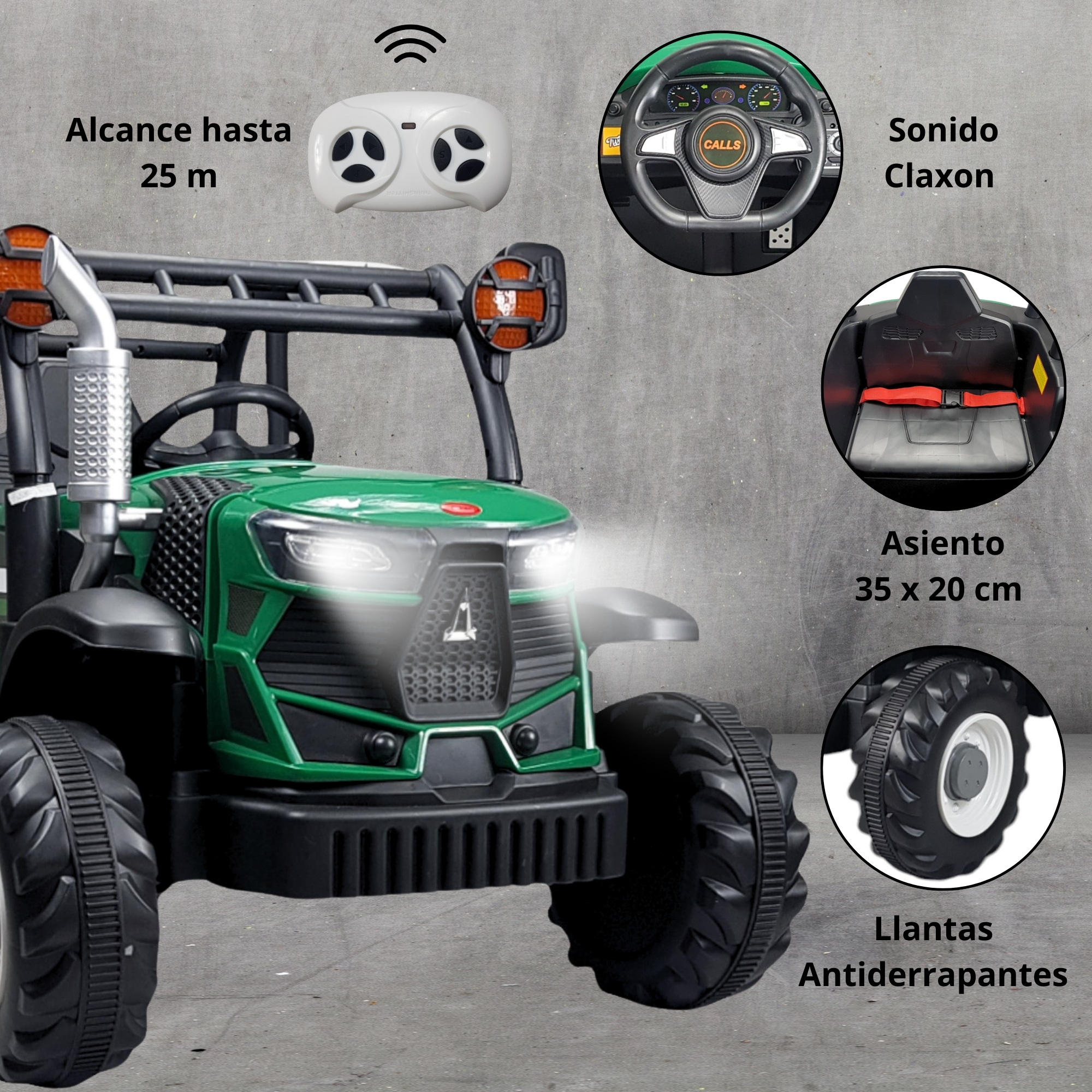 Tractor Montable Electrico para Niños con Control Remoto Luz Led 12v- Verde