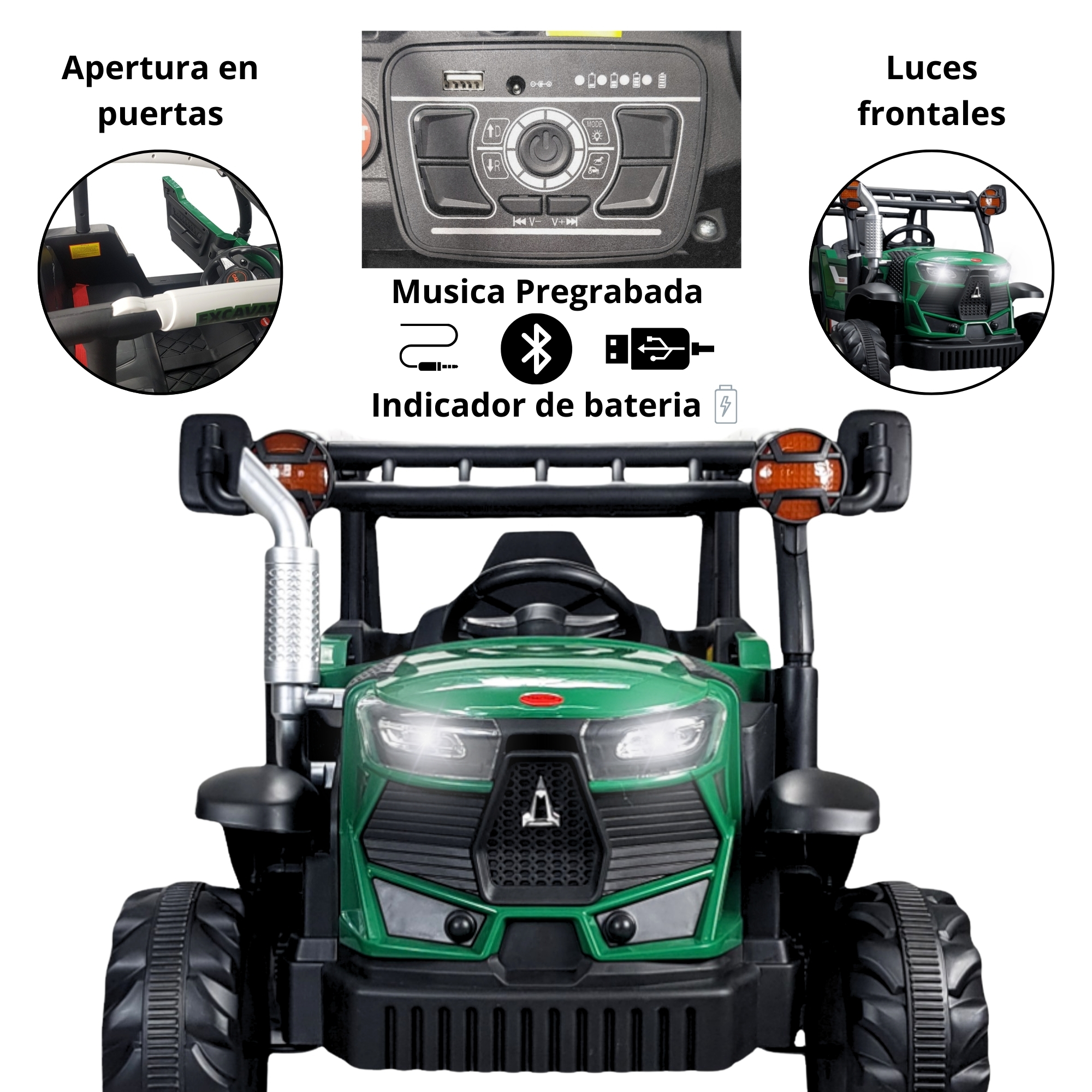 Tractor Montable Electrico para Niños con Control Remoto Luz Led 12v- Verde