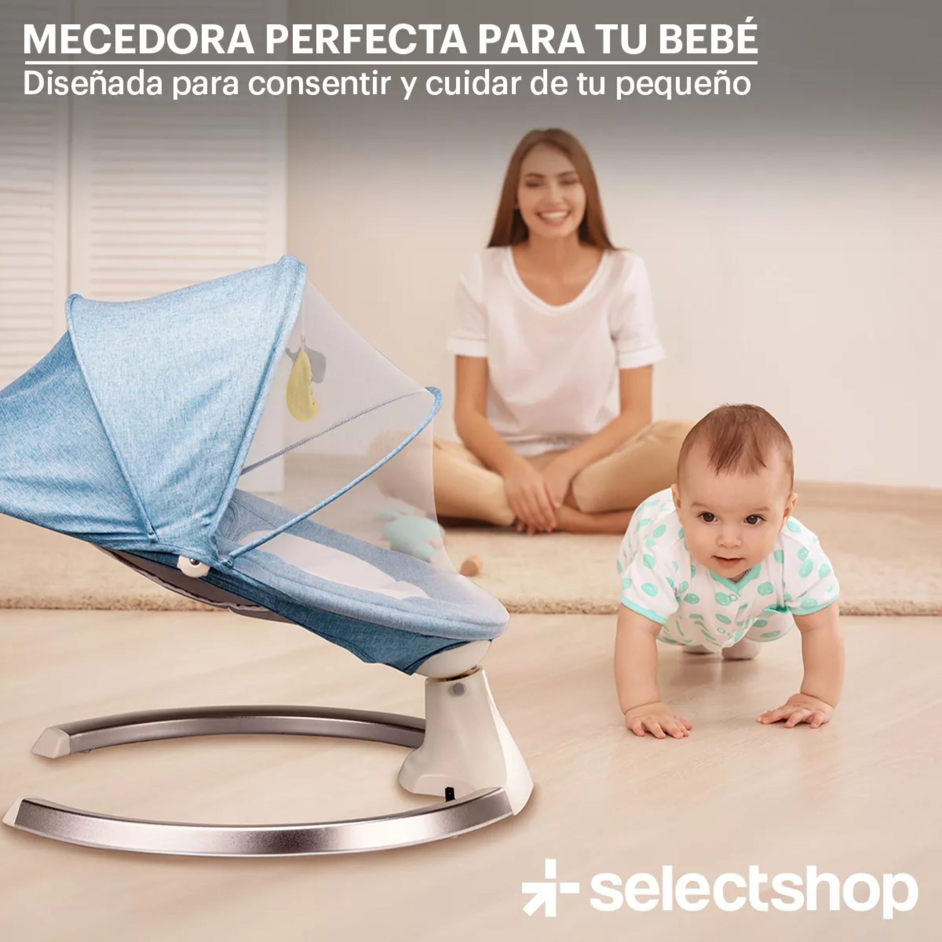 Mecedora Eléctrica Acero Selectshop Para Bebe Resistente Con Movimiento 4 Velocidades Incluye Bocina Melodías Clásicas Asiento Cama Acojinado Conexión Bluetooth Control Remoto