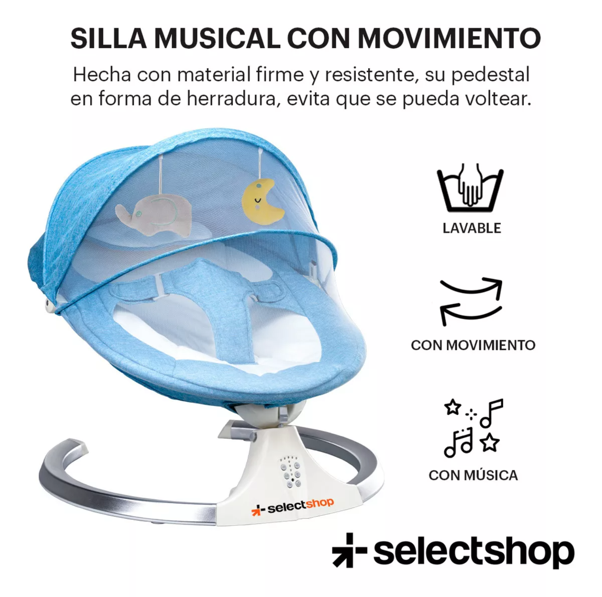 Mecedora Eléctrica Acero Selectshop Para Bebe Resistente Con Movimiento 4 Velocidades Incluye Bocina Melodías Clásicas Asiento Cama Acojinado Conexión Bluetooth Control Remoto
