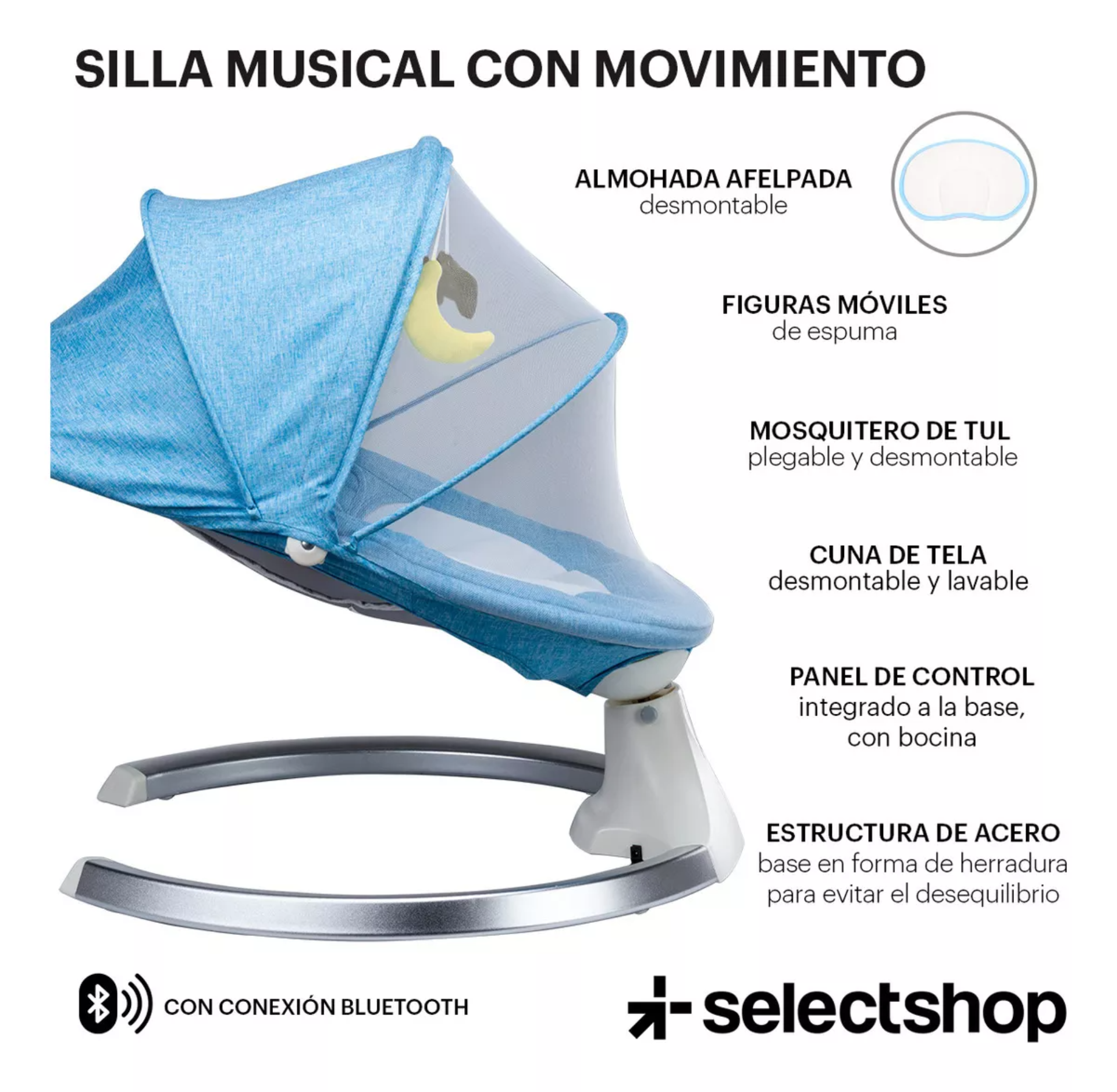 Mecedora Eléctrica Acero Selectshop Para Bebe Resistente Con Movimiento 4 Velocidades Incluye Bocina Melodías Clásicas Asiento Cama Acojinado Conexión Bluetooth Control Remoto