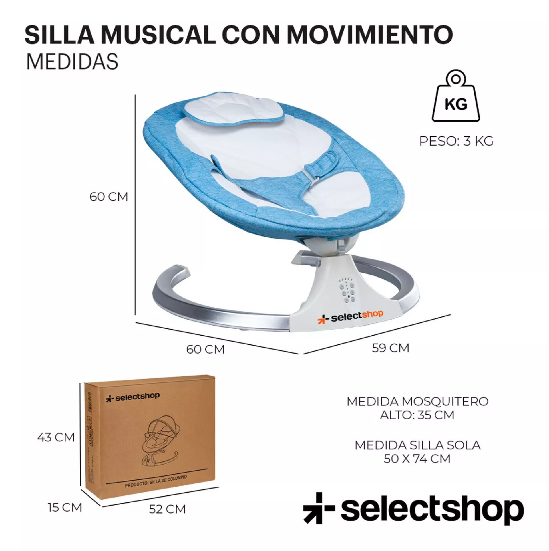 Mecedora Eléctrica Acero Selectshop Para Bebe Resistente Con Movimiento 4 Velocidades Incluye Bocina Melodías Clásicas Asiento Cama Acojinado Conexión Bluetooth Control Remoto