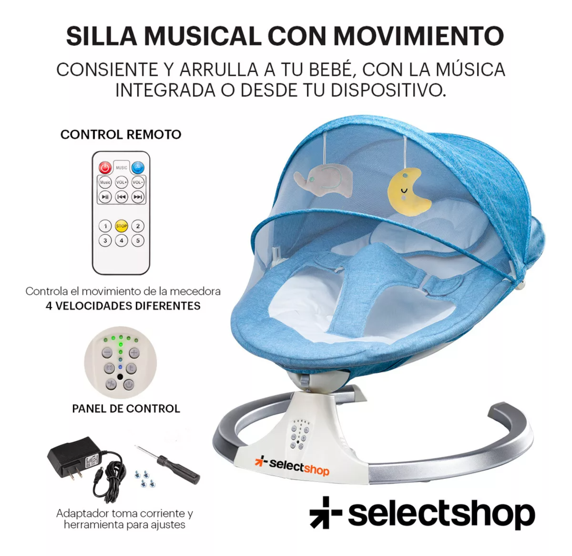 Mecedora Eléctrica Acero Selectshop Para Bebe Resistente Con Movimiento 4 Velocidades Incluye Bocina Melodías Clásicas Asiento Cama Acojinado Conexión Bluetooth Control Remoto