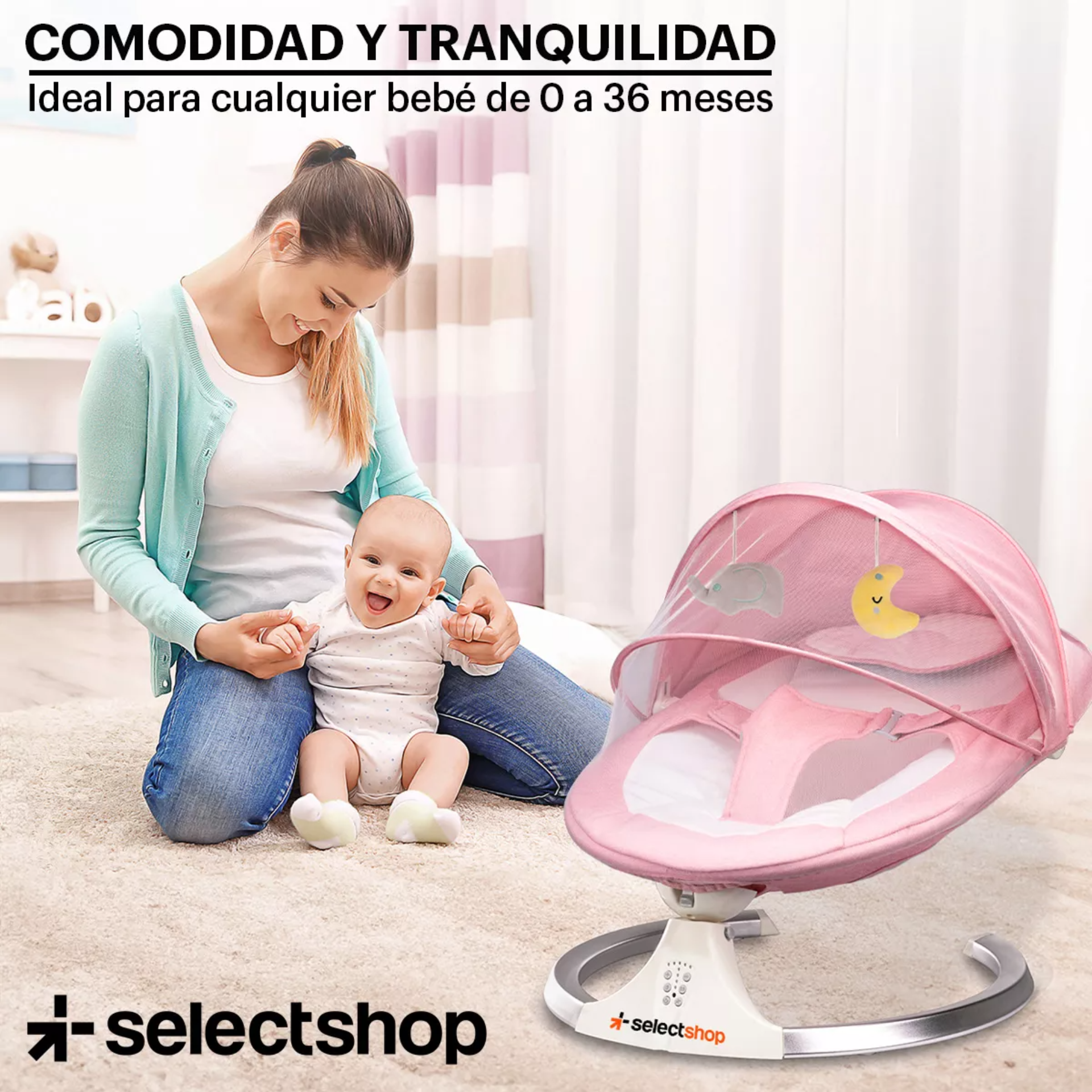 Mecedora Eléctrica Acero Selectshop Para Bebe Resistente Con Movimiento 4 Velocidades Incluye Bocina Melodías Clásicas Asiento Cama Acojinado Conexión Bluetooth Control Remoto