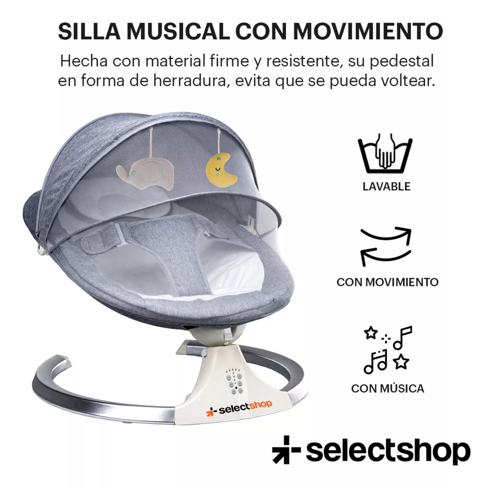 Mecedora eléctrica acero SelectShop para bebe resistente con movimiento 4 velocidades incluye bocina melodías clásicas asiento cama acojinado conexión bluetooth control remoto