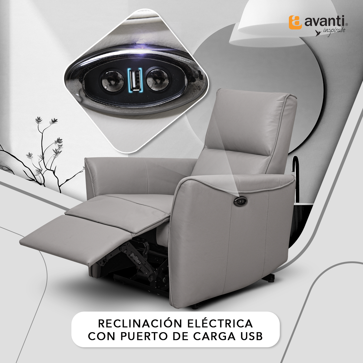 Sillón Reclinable Finch Reposet Eléctrico de Piel - Reposet Confortable - Sofá para Sala De TV O Recámara Gris