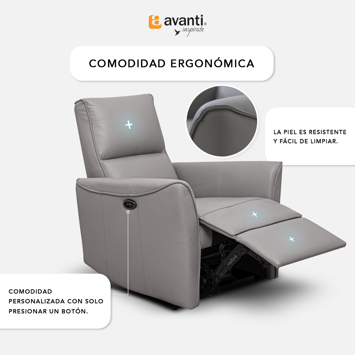 Sillón Reclinable Finch Reposet Eléctrico de Piel - Reposet Confortable - Sofá para Sala De TV O Recámara Gris
