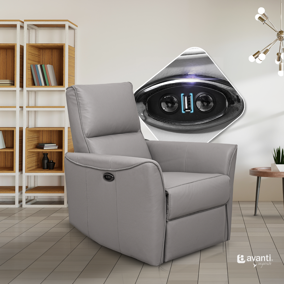 Sillón Reclinable Finch Reposet Eléctrico de Piel - Reposet Confortable - Sofá para Sala De TV O Recámara Gris