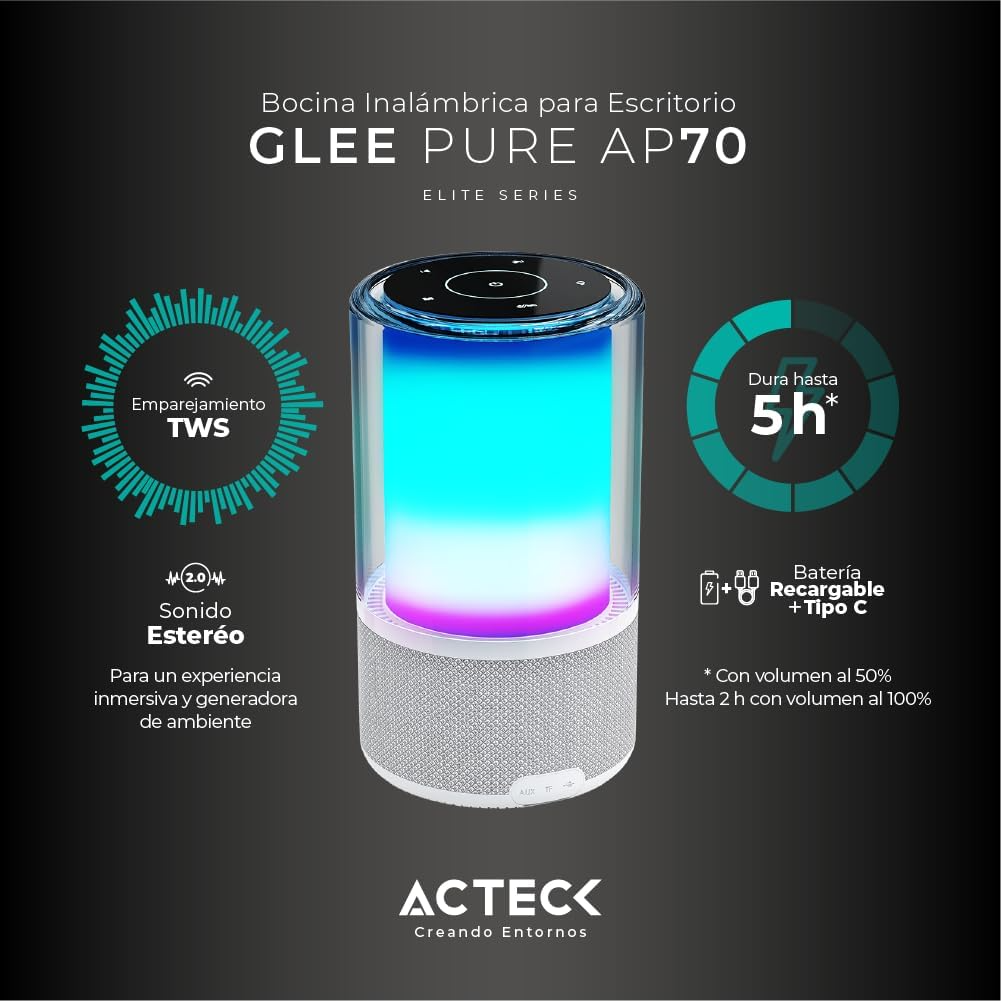 BOCINA ACTECK GLEE PURE AP70 BLANCO BLUETOOTH 5.2 3.5MM USB-C ILUMINACION LED ELITE SERIES AC-936392