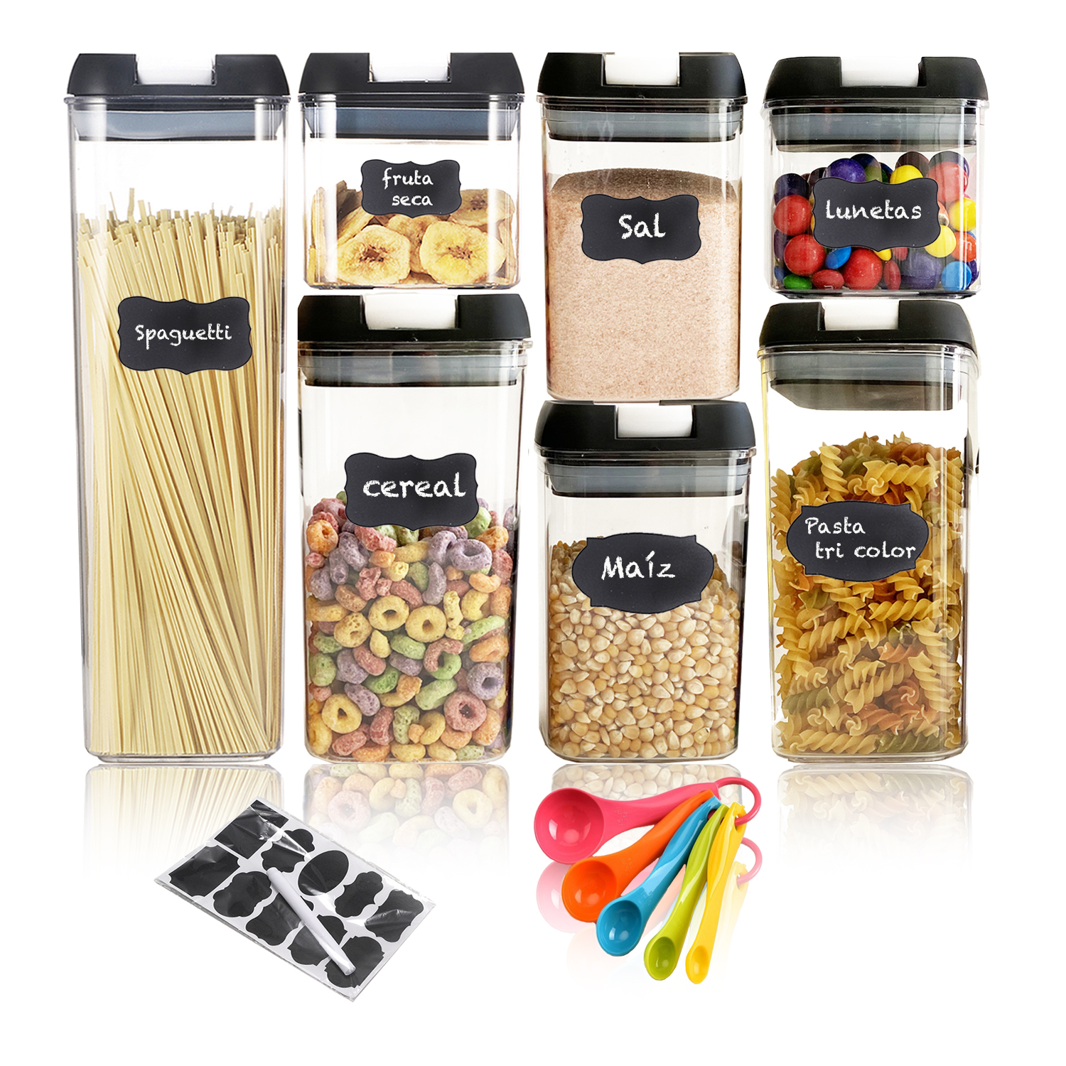 Set de 7 Recipientes Herméticos para Almacenar Alimentos con Etiquetas Personalizables y Cucharas Medidoras.