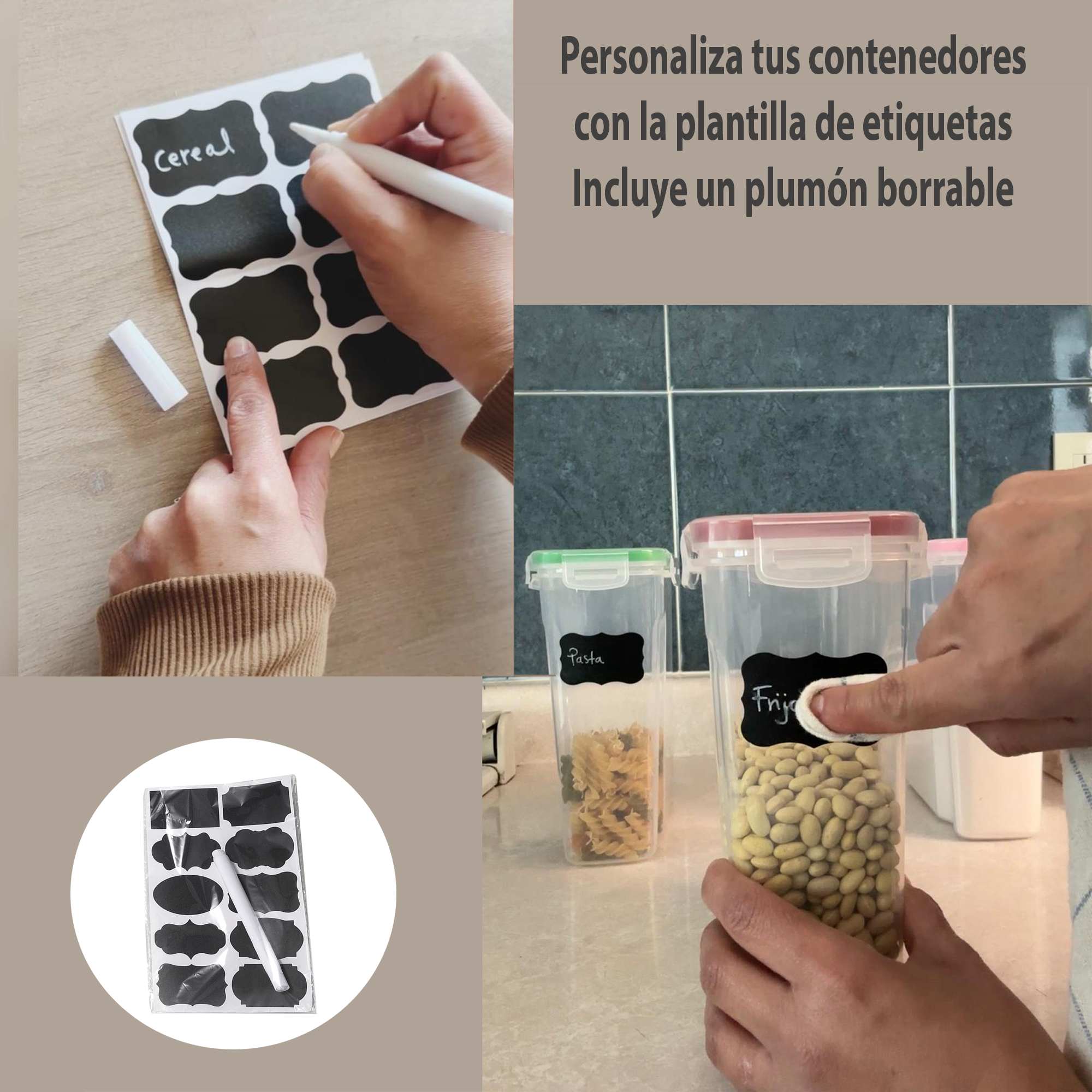 Set de 7 Recipientes Herméticos para Almacenar Alimentos con Etiquetas Personalizables y Cucharas Medidoras.