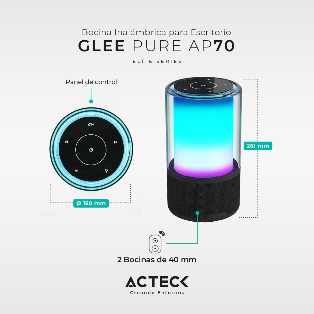 BOCINA ACTECK GLEE PURE AP70 NEGRO BLUETOOTH 5.2 3.5MM USB-C ILUMINACION LED ELITE SERIES AC-936385