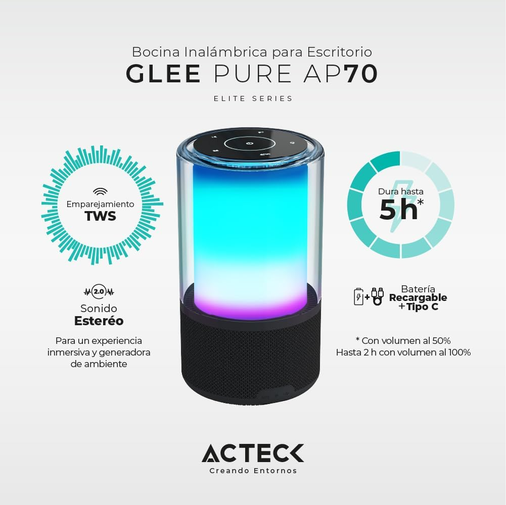 BOCINA ACTECK GLEE PURE AP70 NEGRO BLUETOOTH 5.2 3.5MM USB-C ILUMINACION LED ELITE SERIES AC-936385