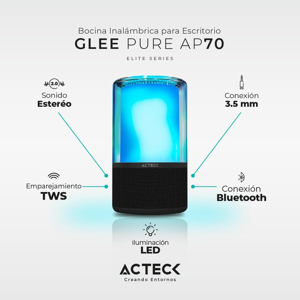 BOCINA ACTECK GLEE PURE AP70 NEGRO BLUETOOTH 5.2 3.5MM USB-C ILUMINACION LED ELITE SERIES AC-936385