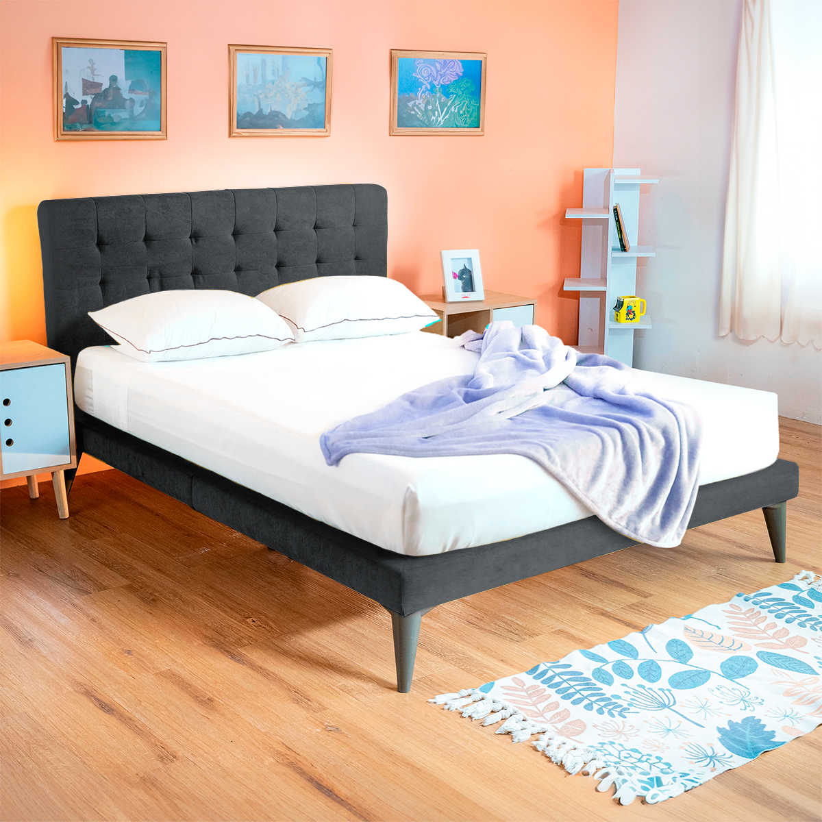 Cama Individual con Cabecera Roomi Livy Color Gris