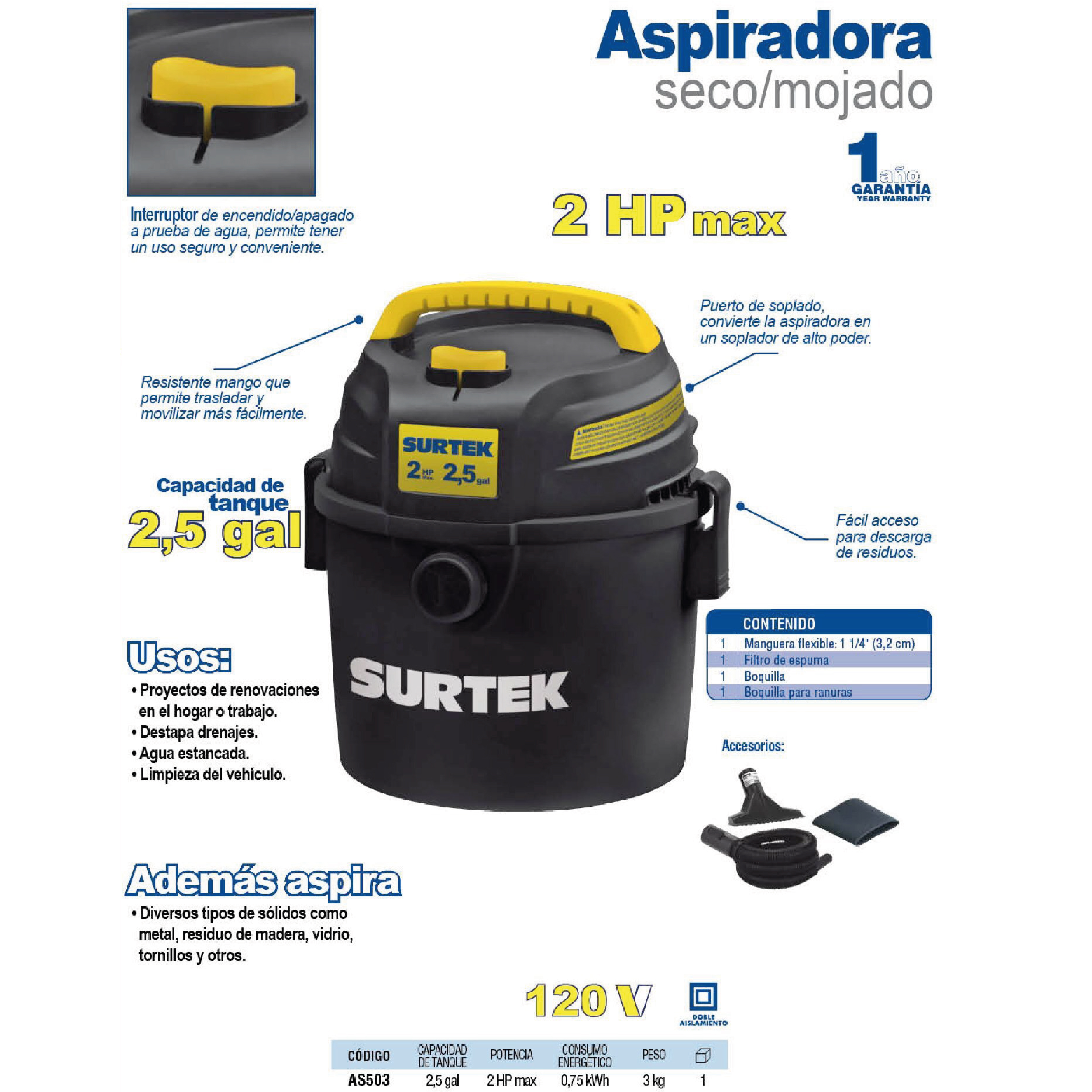 Surtek AS503 Aspiradora, 2 Hp, 2.5 Galones