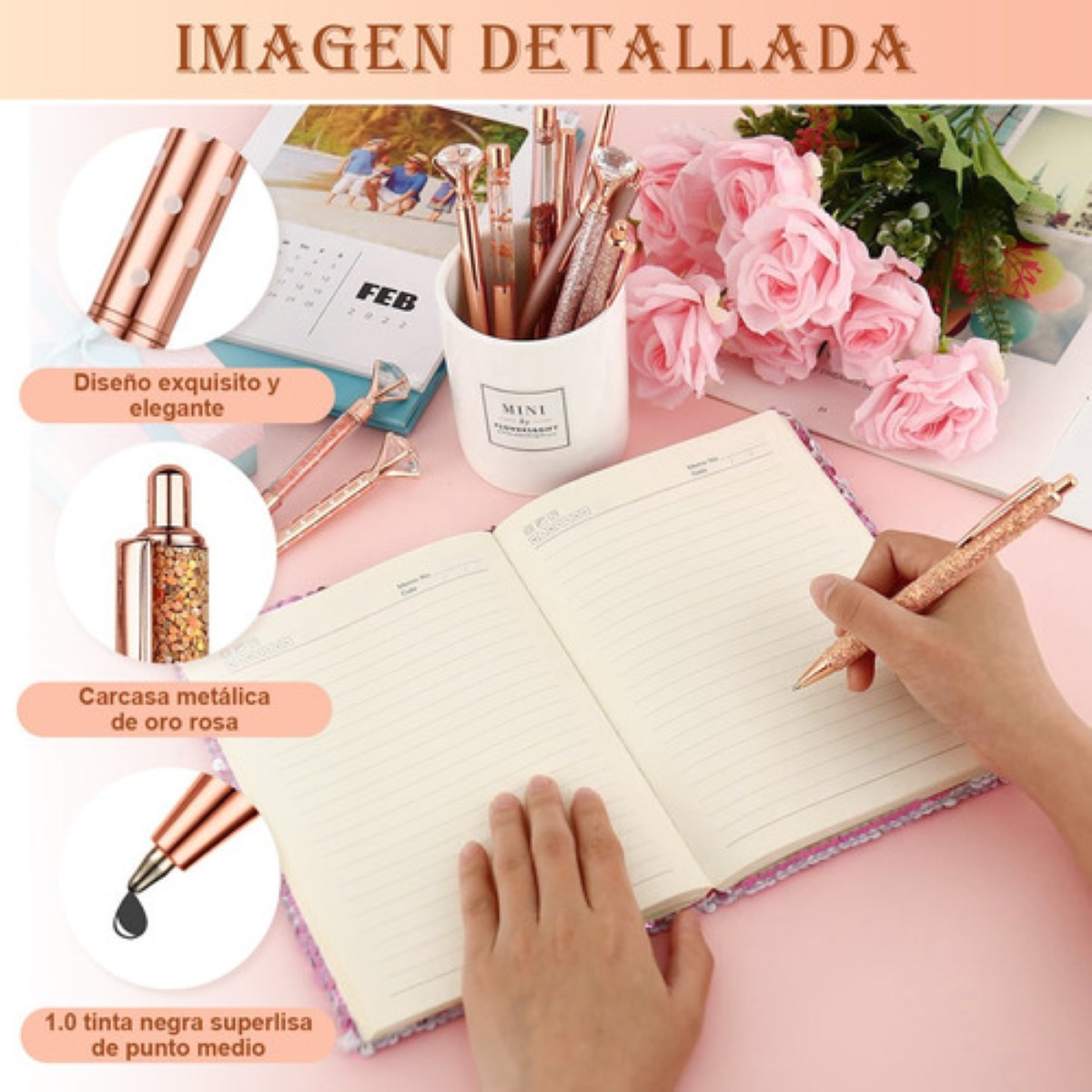 Bolígrafos Con Diamante Brillo Plumas De Tinta Negra 8 pzs, color rosa