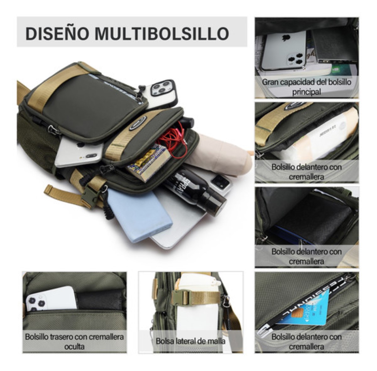 Maletin Para Hombre Multibolsillo Pechera Hombre Crossbody Verde oscuro