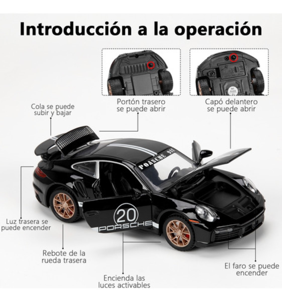 Coche de Juguete Porsche 911 Con Luz 1:32 Coleccion De Escala Negro carro
