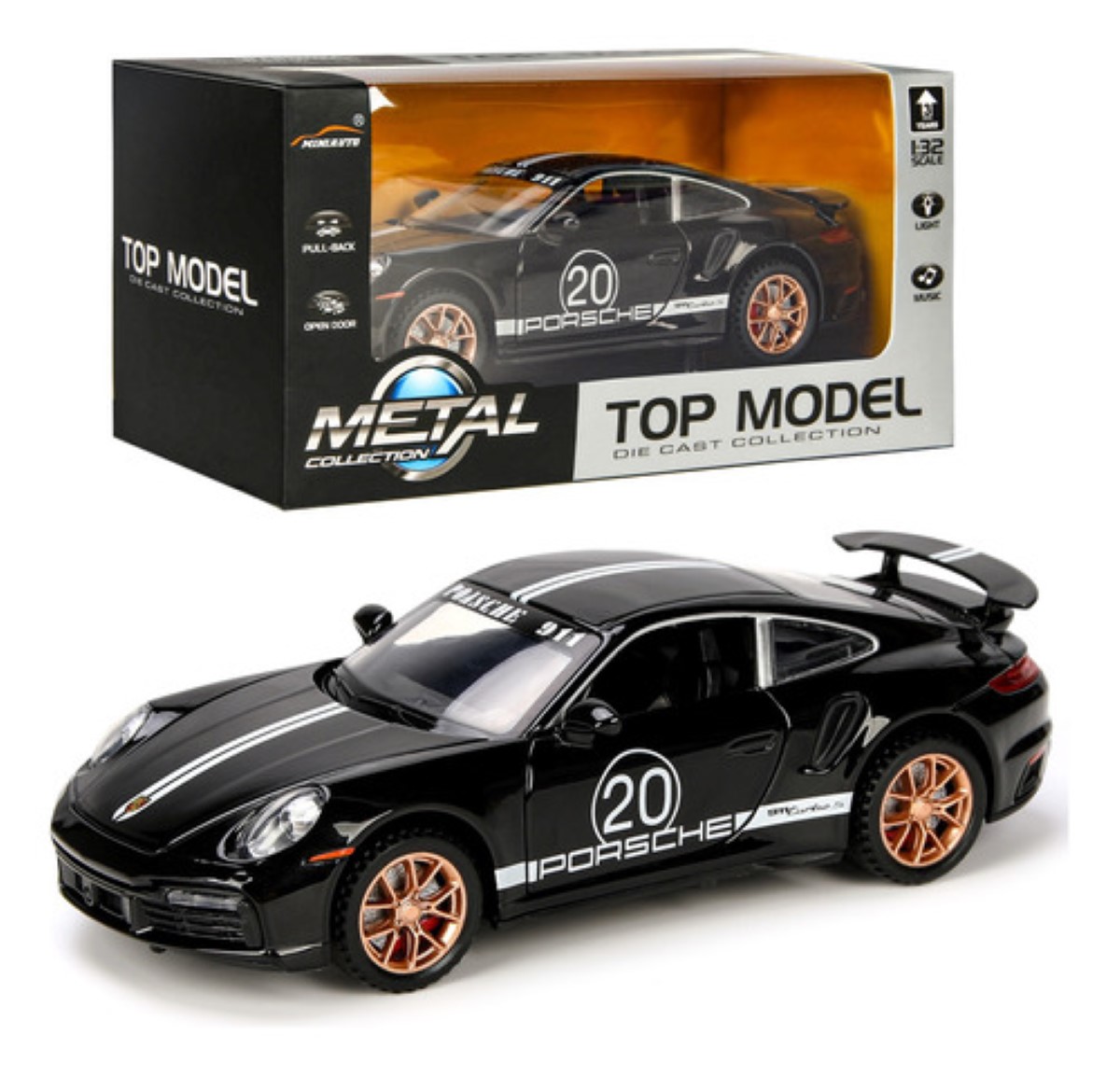 Coche de Juguete Porsche 911 Con Luz 1:32 Coleccion De Escala Negro carro