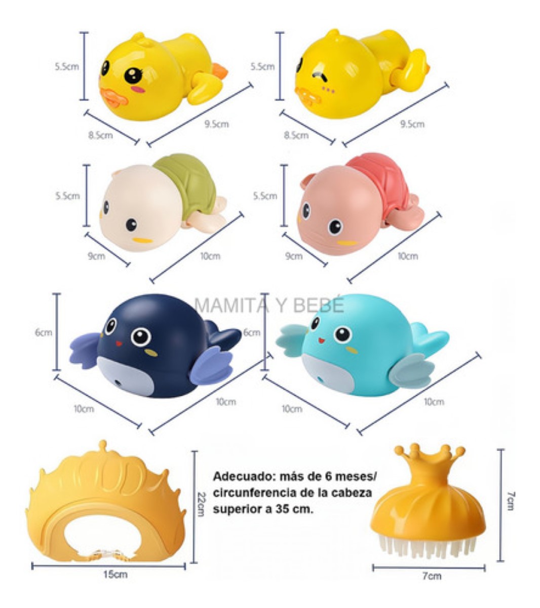 Juguetes de Baño Para Bebé + gorro Ducha Ajustable + cepillo Champú colores