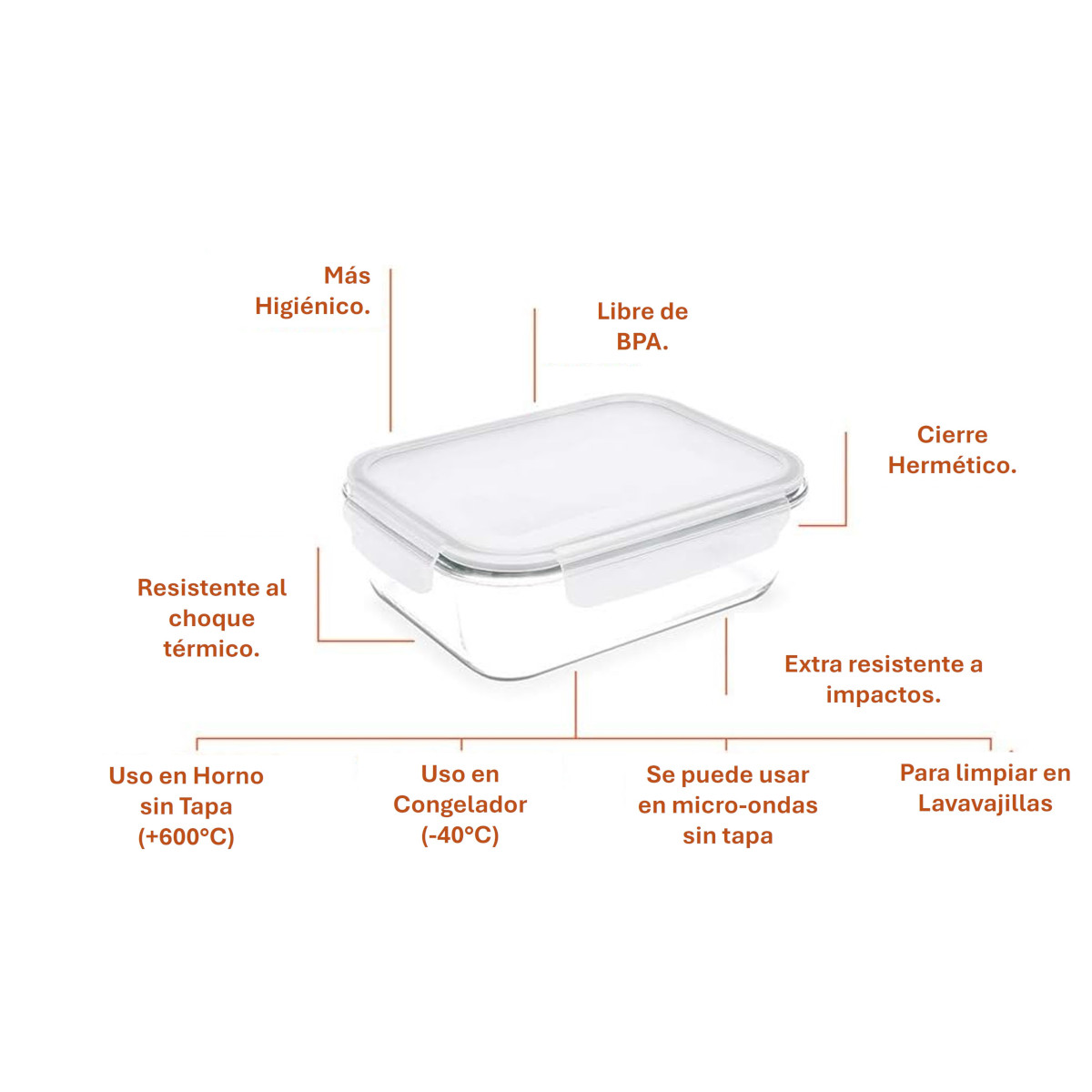 Recipiente de vidrio con tapa hermética - 1 Lt. rectangular - Libre de BPA