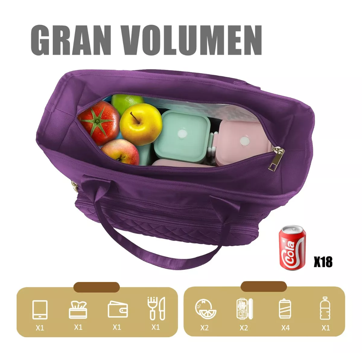 Bolsa De Almuerzo Picnic Loncheras Gran Capacidad Portátil Violeta