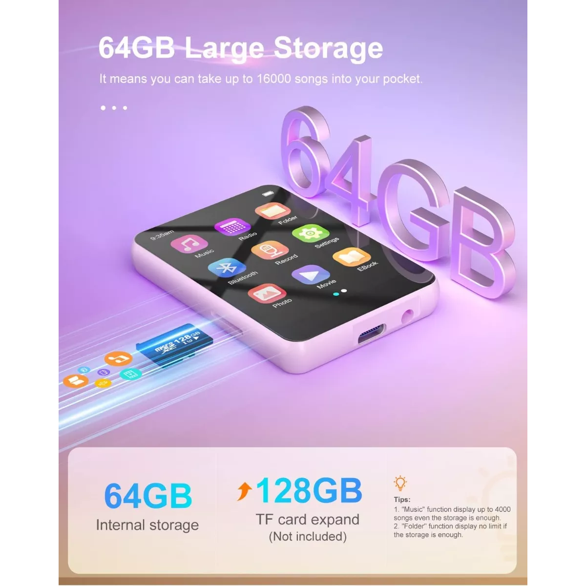 64gb Reproductor De Música Mp3 Mp4 Rosa Bluetooth Audífonos