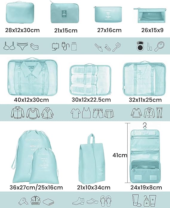 Juego de bolsas organizadoras de viaje 11 Piezas, Organizadores de Equipaje para Maleta, Bolsas de Viaje para Ropa, Zapatos, Accesorios Esencial de Viaje
