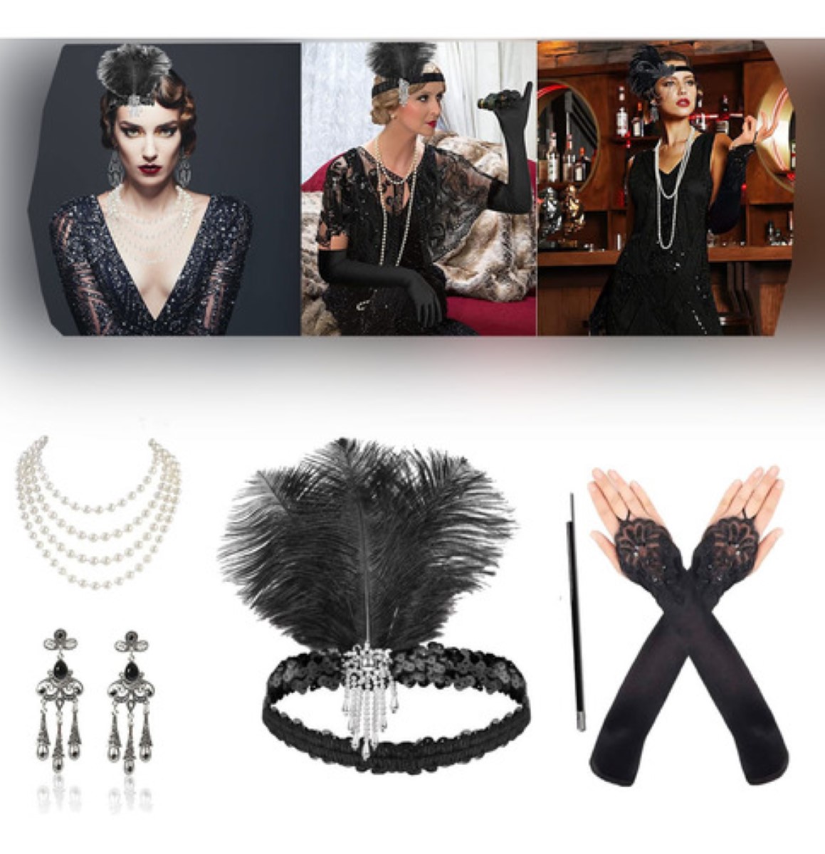 Accesorios Gatsby Chicago Disfraz Vintage Epoca 1920s NEGRO