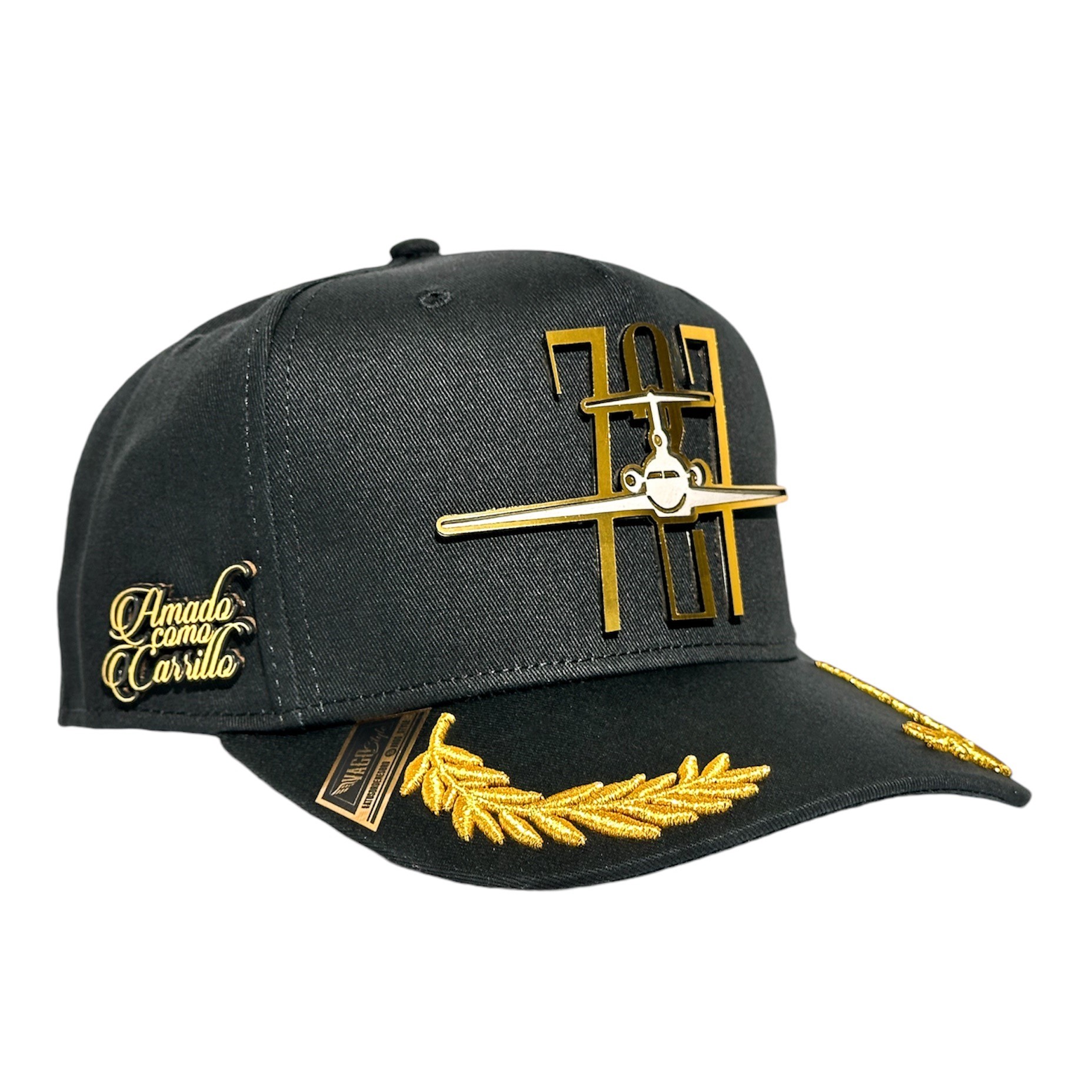 VAGO Style AMADO CARRILLO Gorra Unica Artesanal Negra Ajustable con Visera Curva con Laureles Dorados